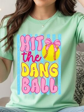 Gildan Mint Green Short Sleeve Tee with Pink Yellow Graphic